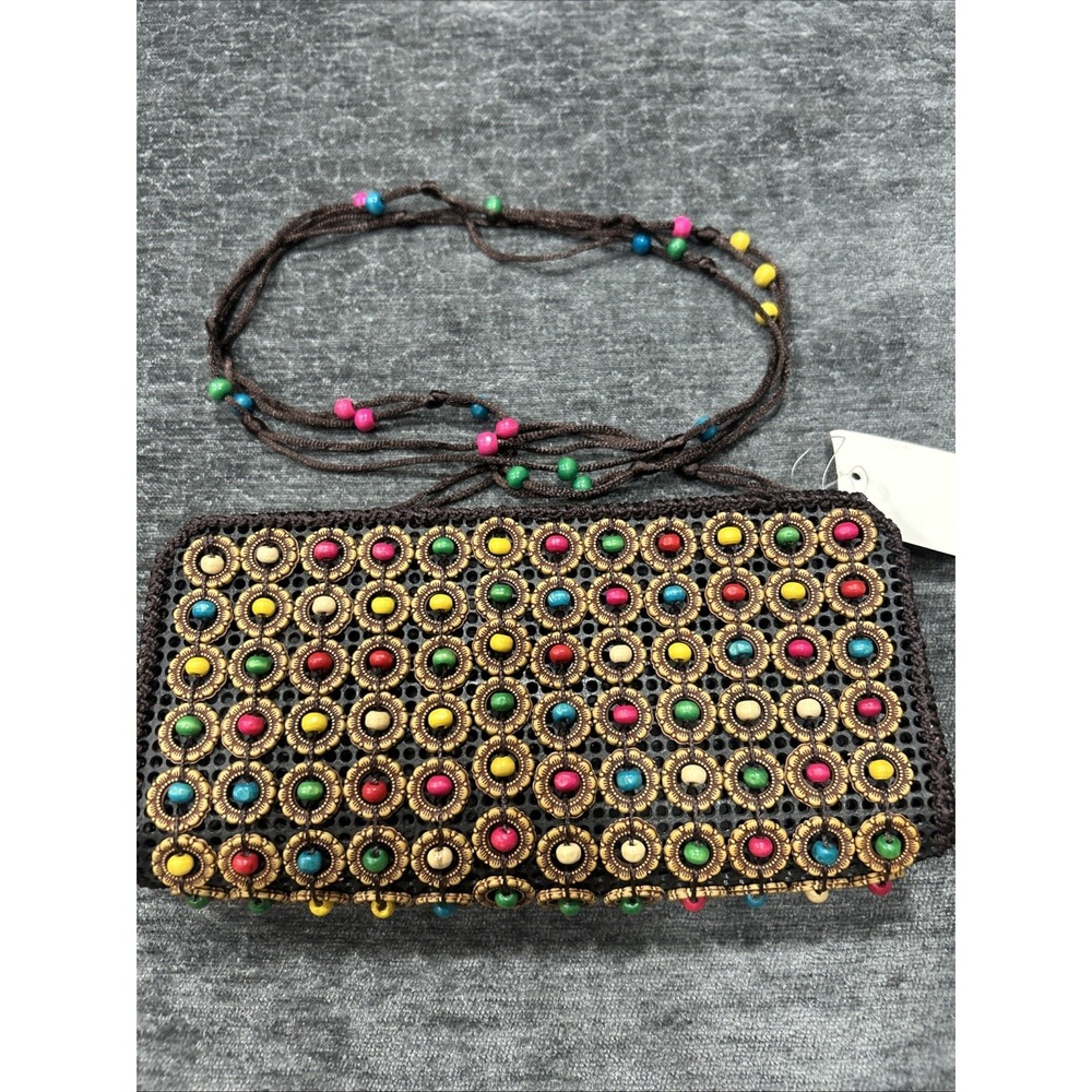 Colorful Beaded Small Shoulder Bag Multicolor Strap Zip Closure Bohemian Purse
